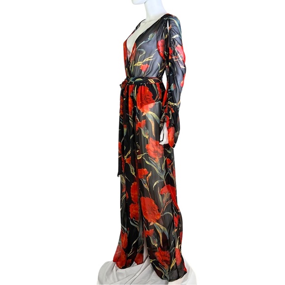 Fashion Nova | Sheer Floral Long Sleeve Surplice Maxi Dress w/ Bodysuit | Size L - Picture 4 of 7